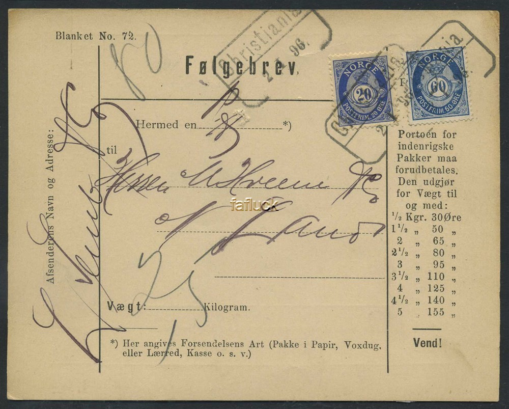 Norway covers: NK 0031, 69. Christiania 2.I.96. Parcel