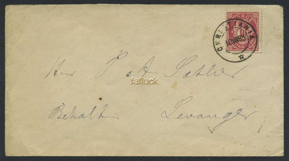 Norway covers: NK 0043b. CHRISTIANIA 10.VIII.85. 10 øre