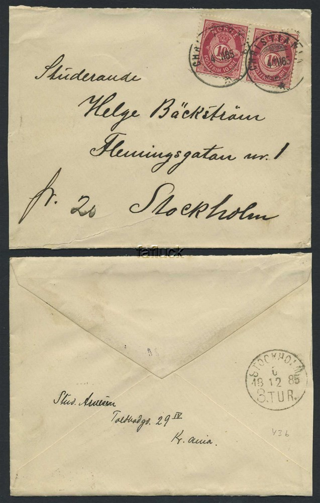 Norway covers: NK 0043b(2). CHRISTIANIA 4.XII.85. 20øre