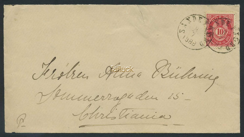 Norway covers: NK 0053 III. SANDEFJORD 8.7.1888. 10 øre