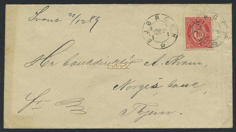 Norway covers: NK 0053 III. BJØRGEN 18.XI.89. 10 øre
