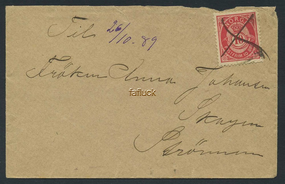 Norway covers: NK 0053 III. 10 øre 20mm, pen crossed.