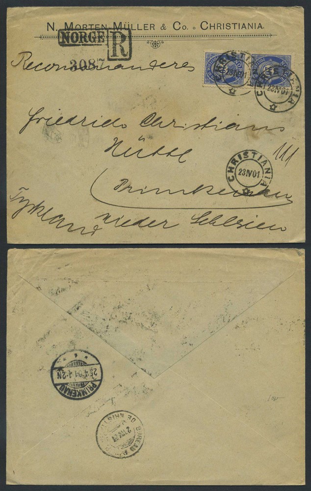 Norway covers: NK 0079X(2). CHRISTIANIA 23.IV.01 to DE-