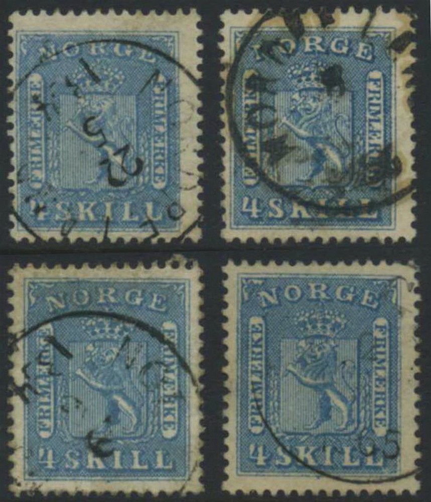NK 0008 Ia. 4 sk coat of arms 1863. Complete typeset of 4 types from plate I. G