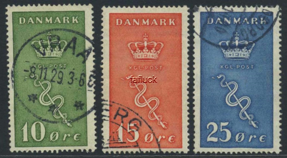 Denmark stamps: 0178-80. Cancer 1929.  Cpl. set.  10 øre superb VRAA 8.11.29.