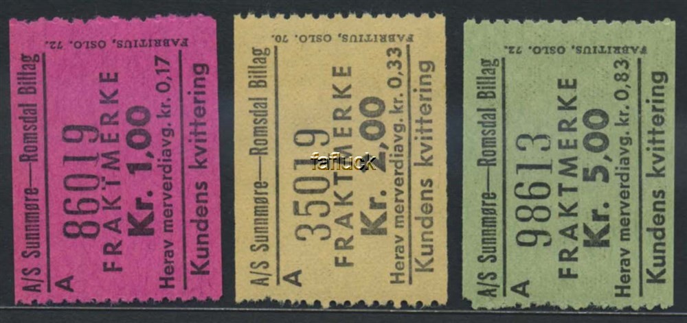 Norway Carrier stamps 07: Sunnmøre-Romsdal Billag, A/S. (*) Lot 3 stamps: