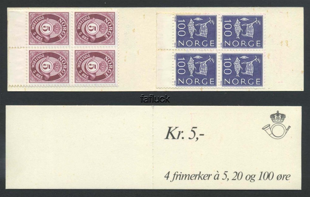 Norway vending machine booklets: AH 12B.  Kr.5,00, 1978. 4-blocks 5 and 20 øre