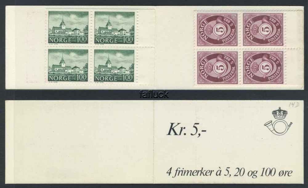Norway vending machine booklets: AH 14D.  Kr.5,00, 1978. 4-blocks 5 and 20 øre
