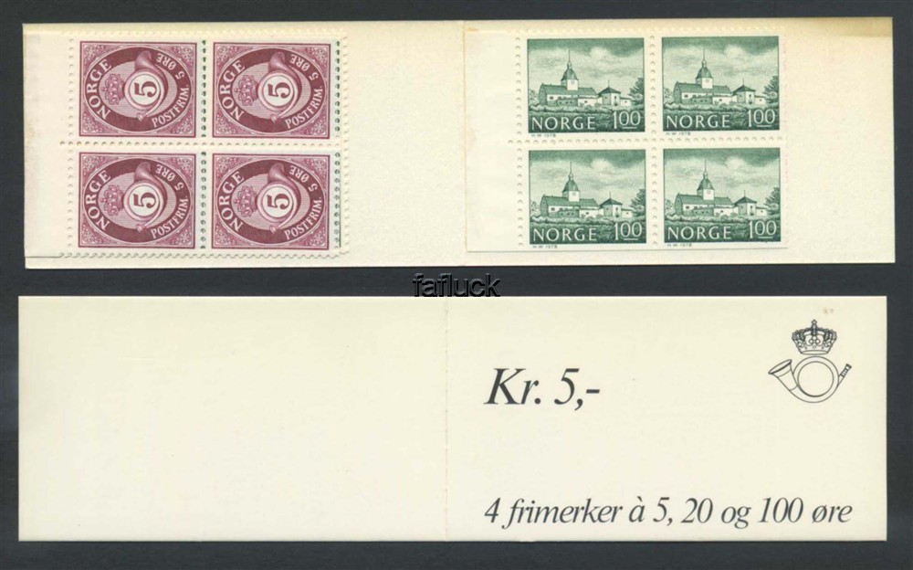 Norway vending machine booklets: AH 14E.  Kr.5,00, 1978. 4-blocks 5 and 20 øre