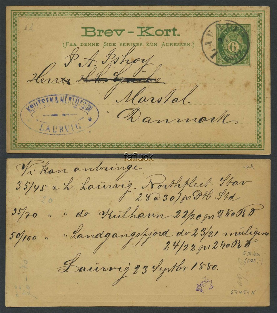 Norway stationaries: BK 005 IIba. LAURVIG 23.9.1880. Fine card addressed to