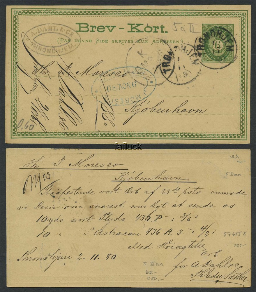 Norway stationaries: BK 005 IIaa. TRONDHJEM 2.11.1880. Card addressed to Kjøben