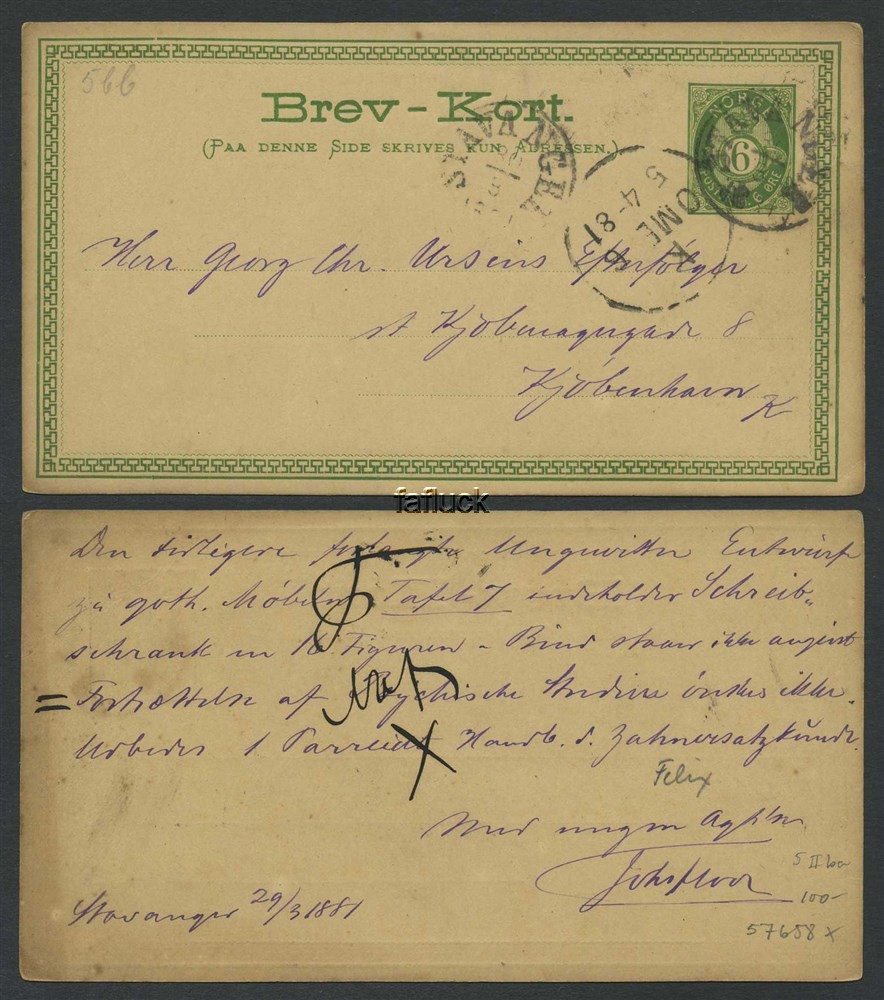 Norway stationaries: BK 005 IIba. STAVANGER 30.3.1881. Card addressed to Kjøben