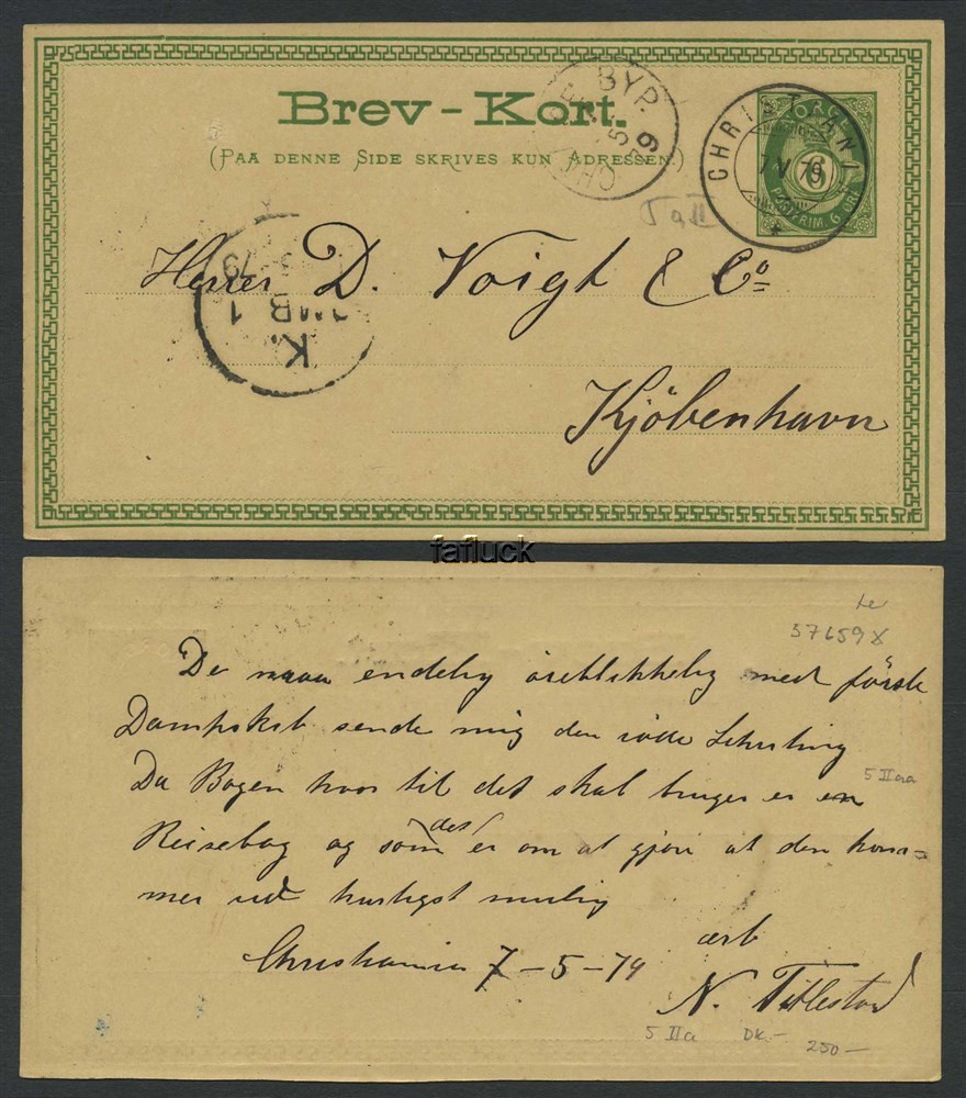 Norway stationaries: BK 005 IIaa. CHRISTIANIA 7.V.79 and CHRA 8E BYP. 7.5.79.