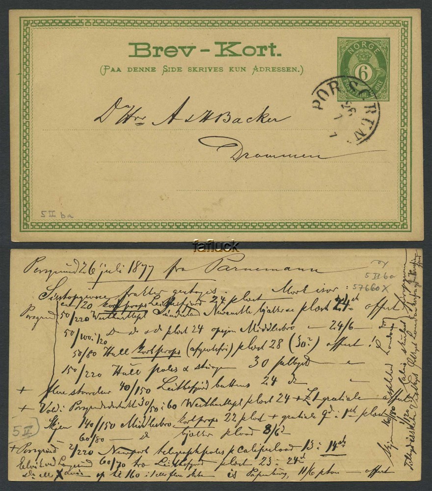Norway stationaries: BK 005 IIba. PORSGRUND 26.7.1877. Card sent within Norway,