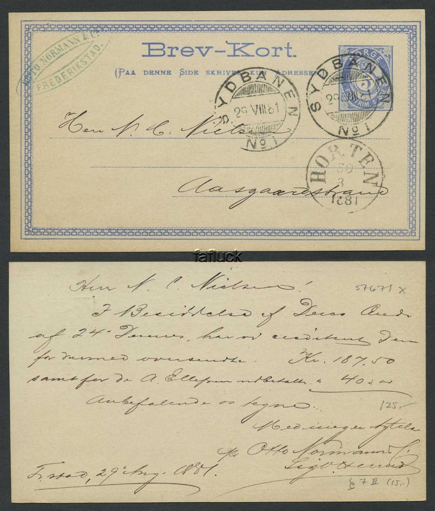 Norway stationaries: BK 007 II. SYDBANEN/No.1 29.VIII.81. Superb card addressed