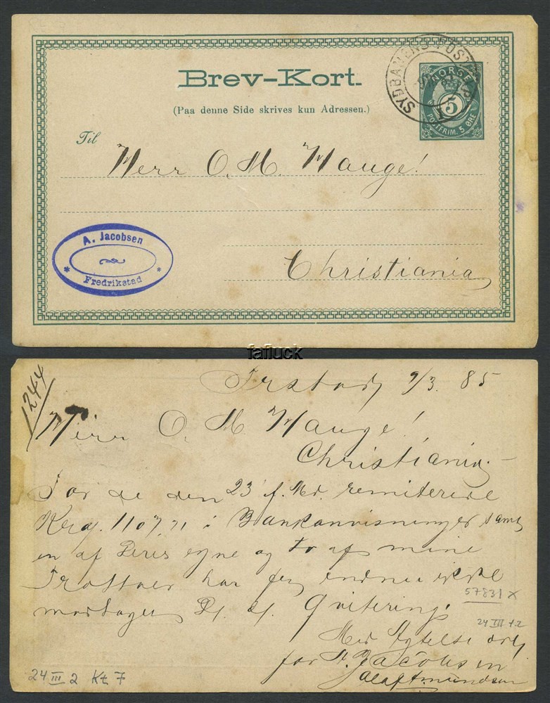 Norway stationaries: BK 024 III t2. SYDBANENS POSTEXP./I 9.III.85. Card sent