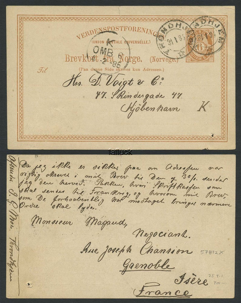 Norway stationaries: BK 025 t1. TRONDHJEM 31.I.85 to Kjøbenhavn, DENMARK. Fine
