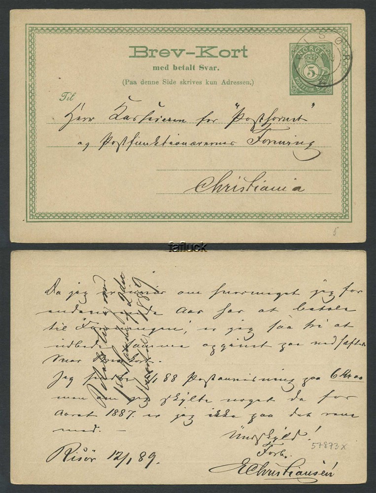 Norway stationaries: BK 027 If. RISØR 12.I.89.  Superb stroke on 1st card to