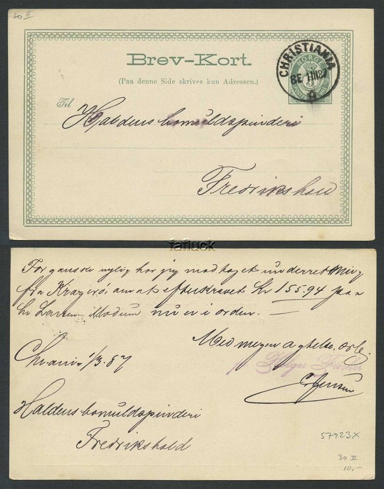 Norway stationaries: BK 030 II. CHRISTIANIA 1.III.87. Superb stroke on card