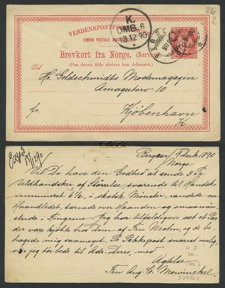 Norway stationaries: BK 031 II. BERGEN 9.XII.90 to Kjøbenhavn, DENMARK.