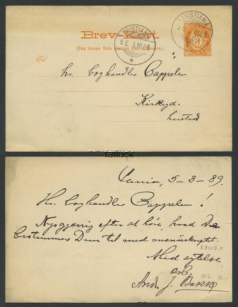 Norway stationaries: BK 035 bII. KRISTIANIA 5.III.89. Card addressed locally.
