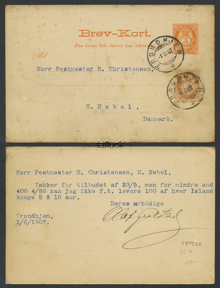 Norway stationaries: BK 035 bII. TRONDHJEM 1.VI.07. Card uprated to 5 øre
