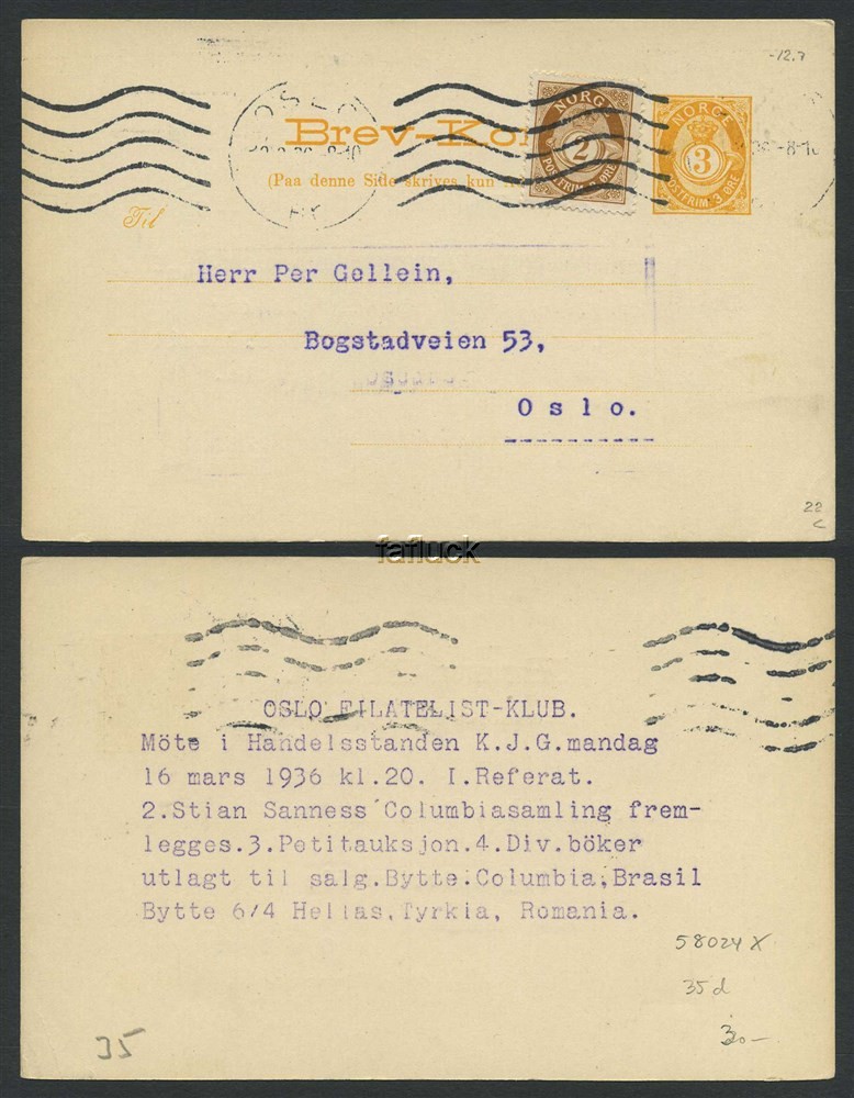 Norway stationaries: BK 035 dII. OSLO/Br. 12.3.36. Card uprated to 5 øre