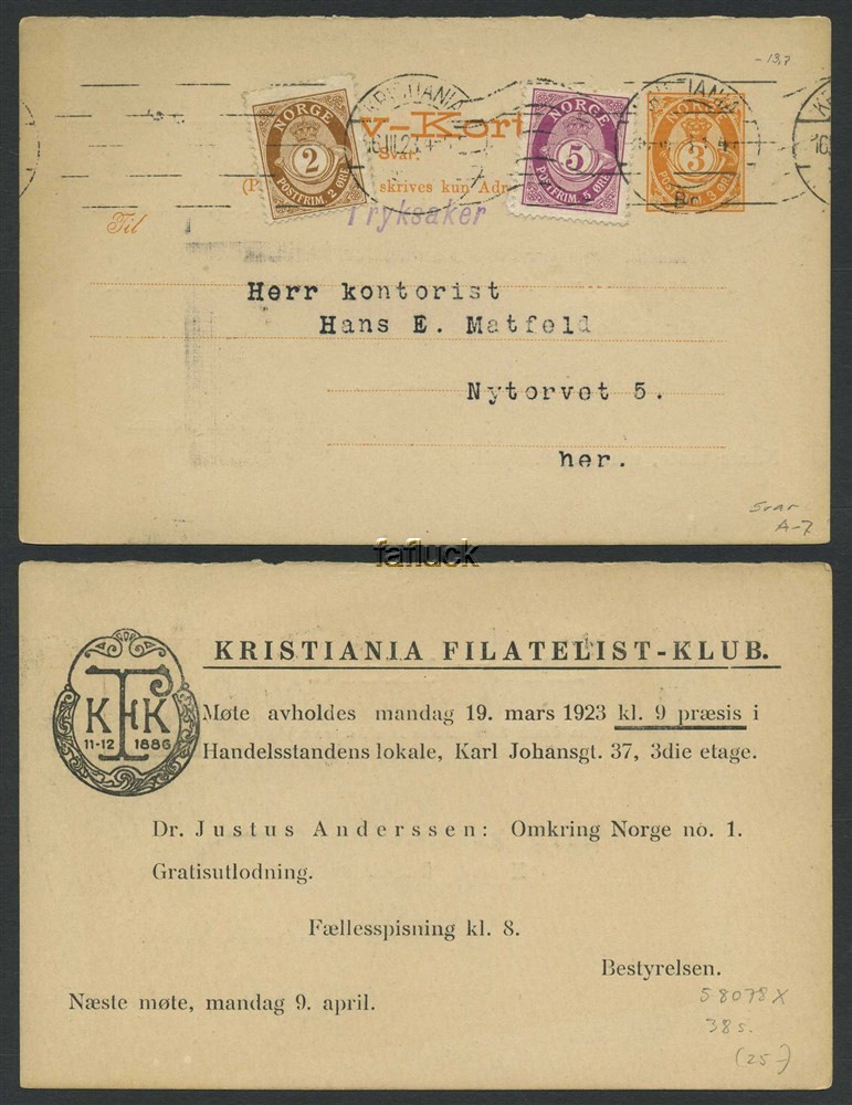 Norway stationaries: BK 038s. KRISTIANIA/Br. 16.III.23. Reply card uprated to