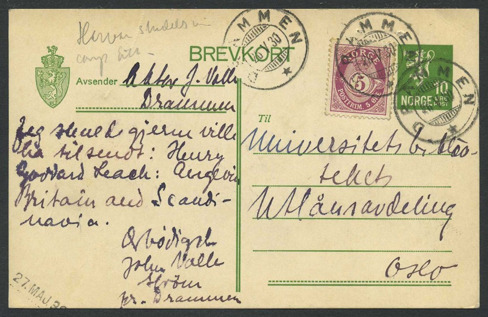 Norway stationaries: BK 081. DRAMMEN 26.V.30.  Uprated to 15 øre postage by