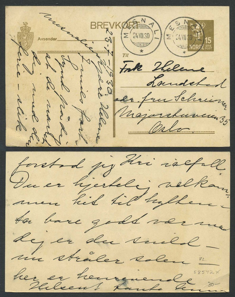 Norway stationaries: BK 082. MESNALI 24.VII.30. Two superb stroke on card to