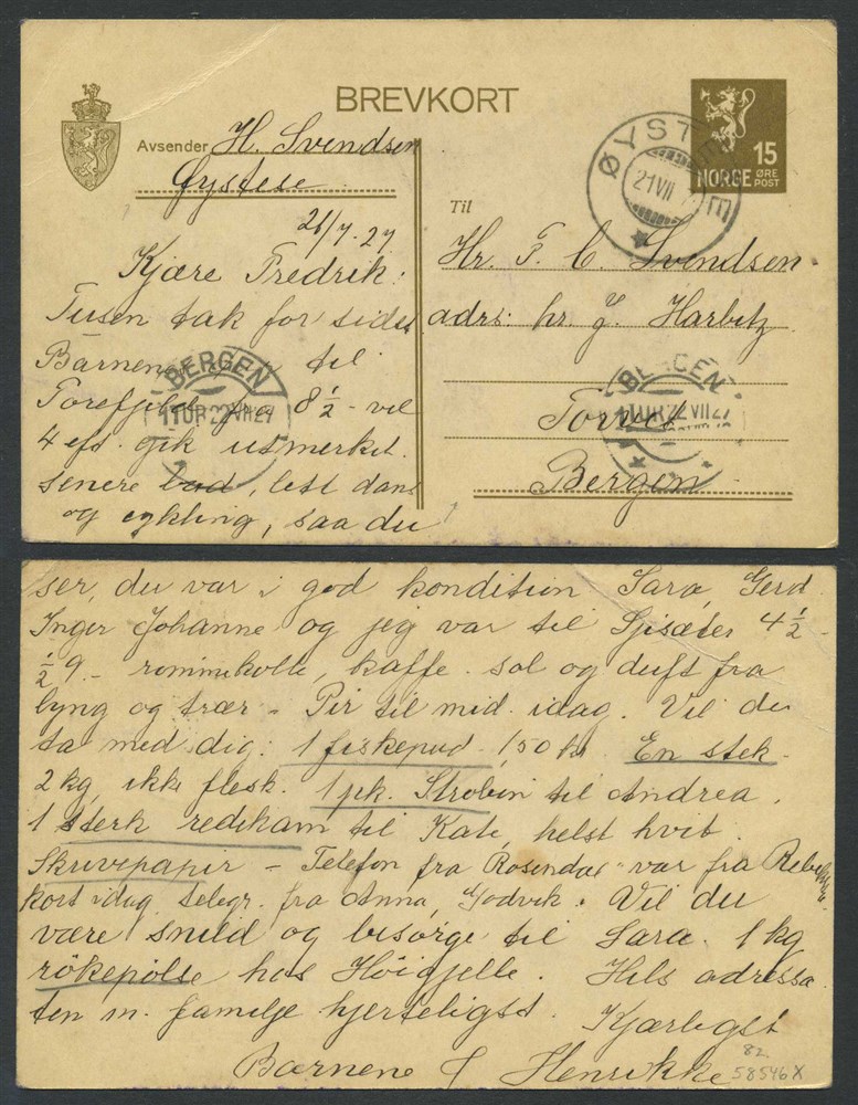 Norway stationaries: BK 082. ØYSTESE 21.VII.27.  Superb stroke on card to