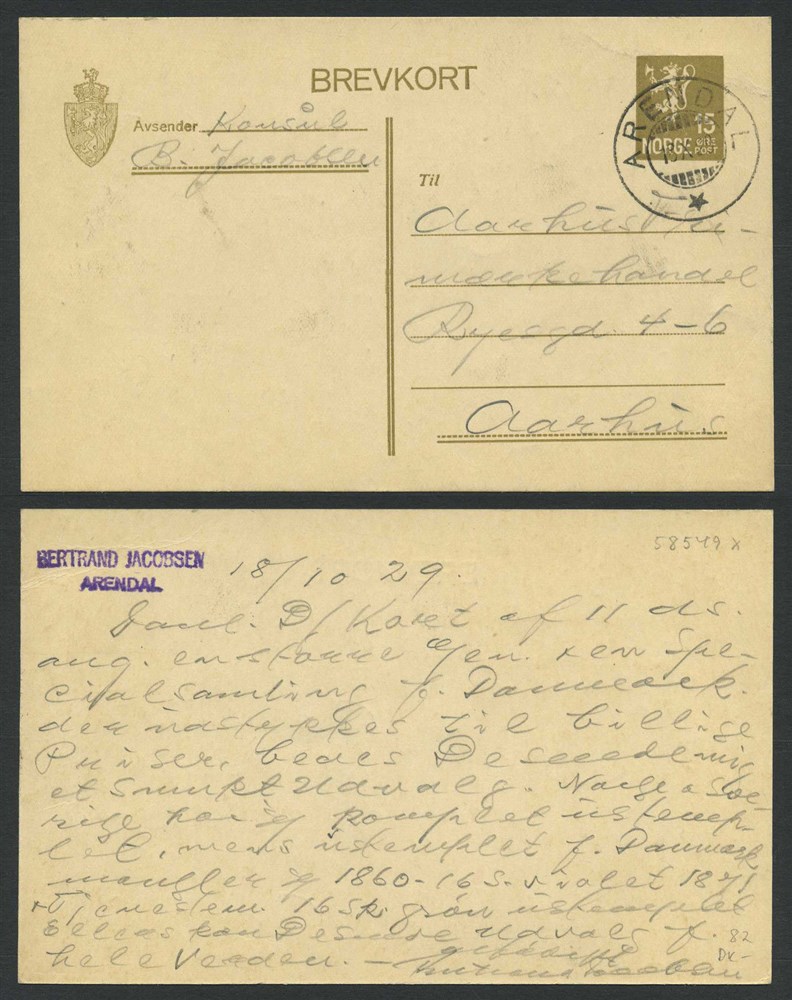 Norway stationaries: BK 082. ARENDAL 18.X.29 to Aarhus, DENMARK. Superb stroke.