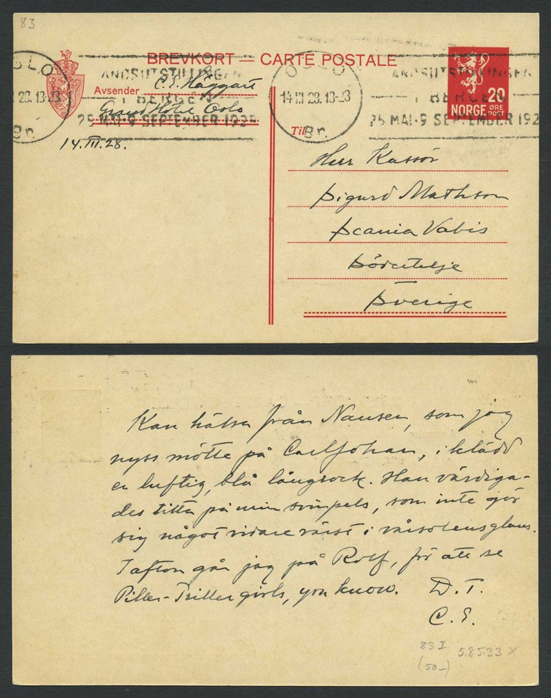 Norway stationaries: BK 083. OSLO/Br. 14.III.28 to Södertelje, SWEDEN.