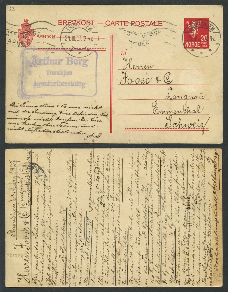 Norway stationaries: BK 083. TRONDHJEM 24.III.27 to Langnau, SWITZERLAND.