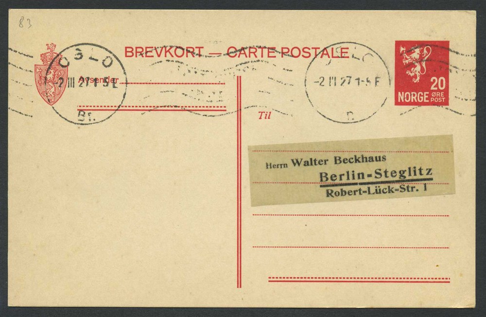 Norway stationaries: BK 083. OSLO/Br. 2.III.27 to Berlin-Steglitz, GERMANY.