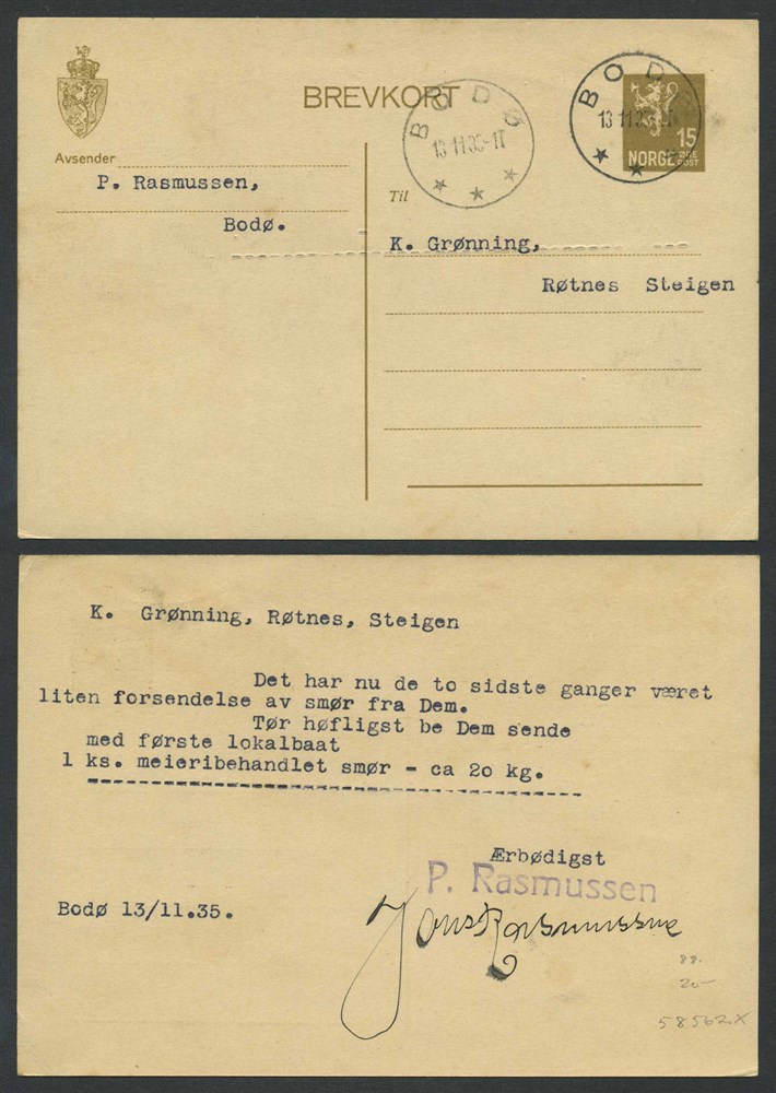 Norway stationaries: BK 088. BODØ 13.11.35. Two beautiful stroke on card to