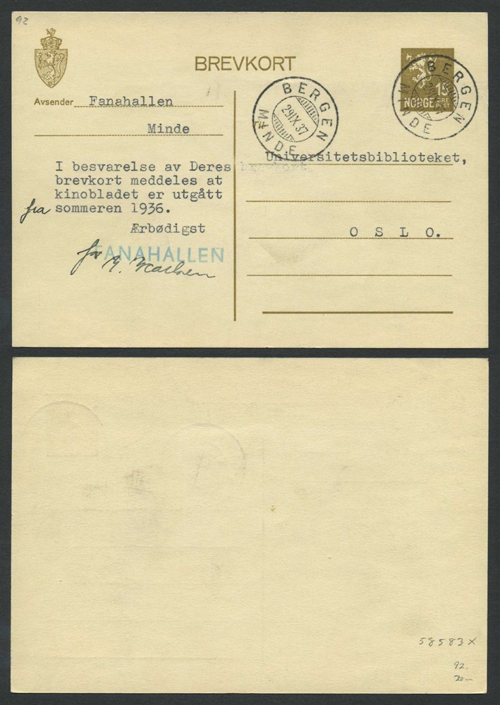 Norway stationaries: BK 092. BERGEN/MINDE 29.IX.37. Two beautiful stroke on car