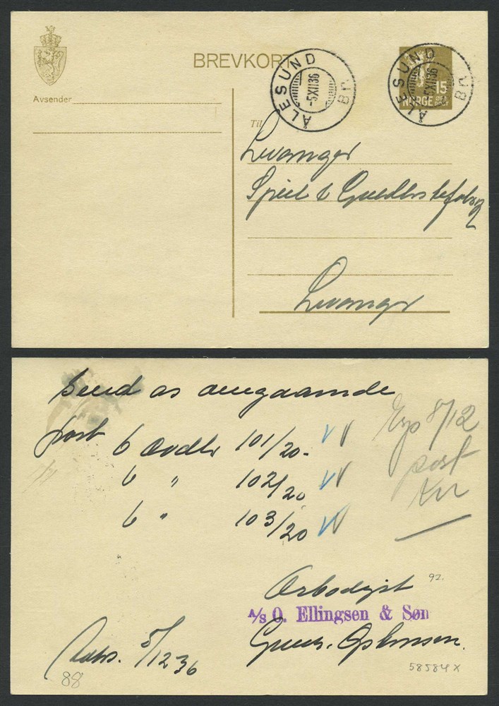 Norway stationaries: BK 092. ÅLESUND/Br. 5.XII.36. Two beautiful stroke on card