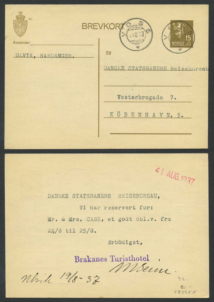 Norway stationaries: BK 092. VOSS 19.8.37 to Aarhus, DENMARK. Two beautiful