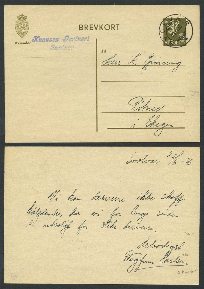 Norway stationaries: BK 095a. SVOLVÆR 23.VI.38. Beautiful stroke on card to