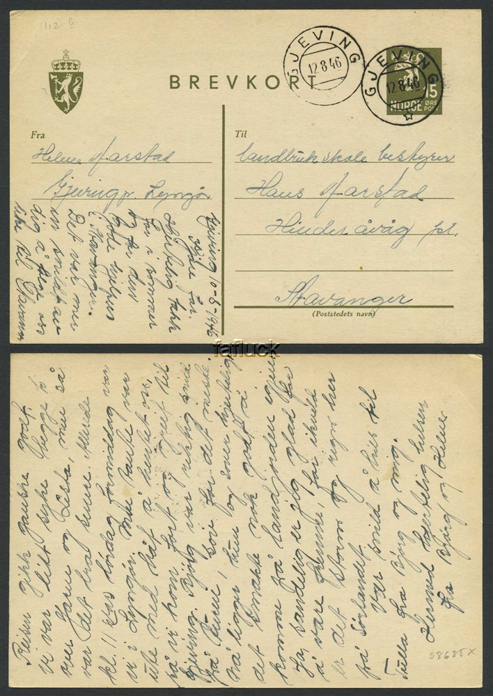 Norway stationaries: BK 112B. GJEVING 12.8.46. Two superb stroke on card to