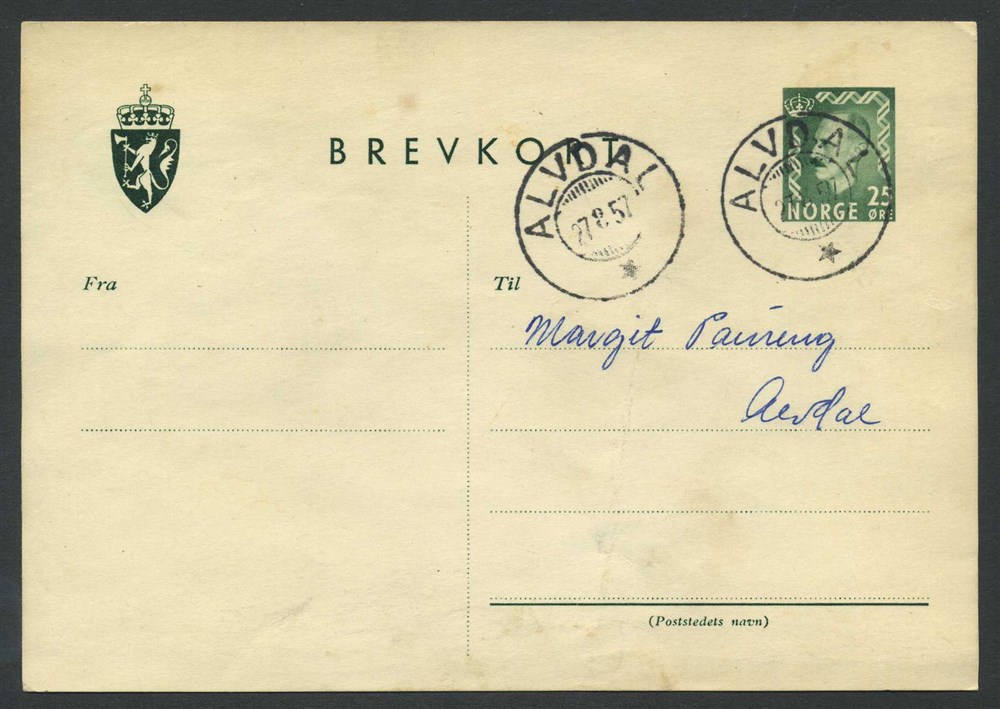 Norway stationaries: BK 120. ALVDAL 27.8.57. Two beautiful stroke on card sent