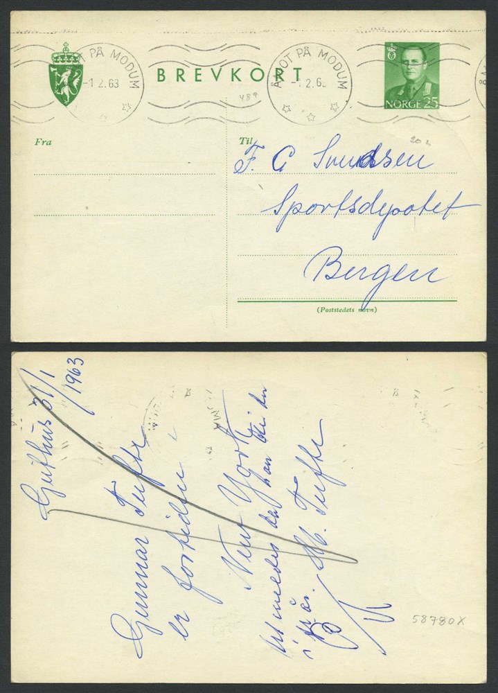 Norway stationaries: BK 125B. ÅMOT PÅ MODUM 1.2.63. Beautiful machine canc. on