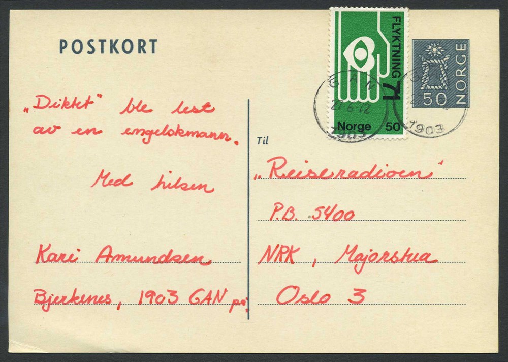 Norway stationaries: BK 142. GAN/1903 - 27.6.72. Card uprated to 100 øre by 50