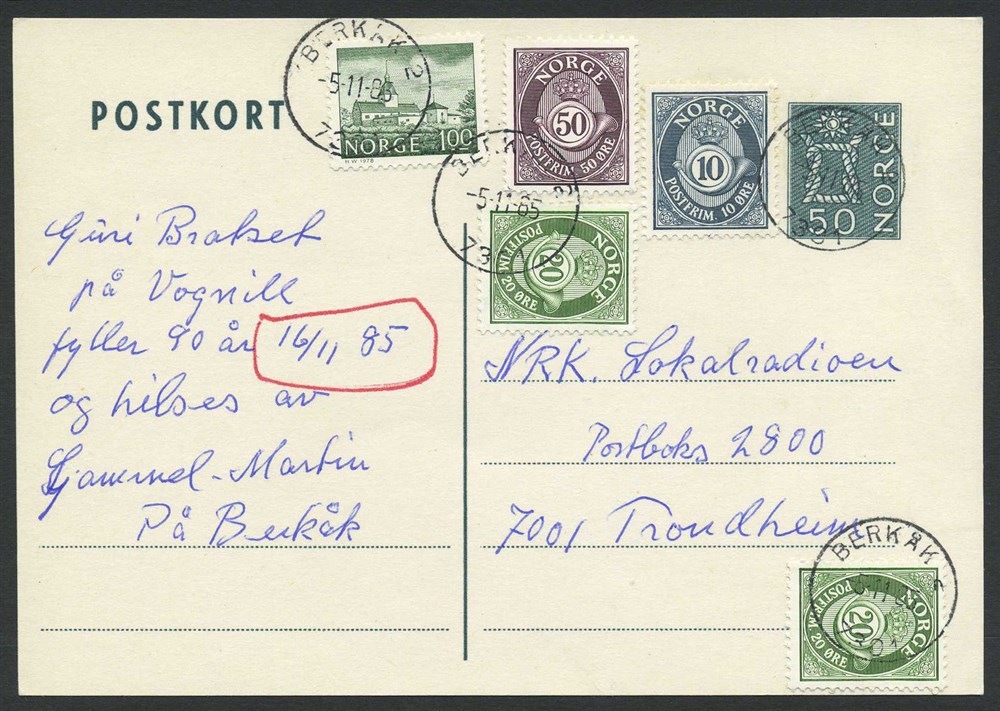 Norway stationaries: BK 142. BERKÅK 2/7391 - 5.11.85. Card uprated to 240 øre