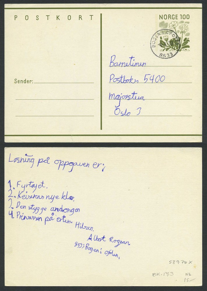 Norway stationaries: BK 173 A. BOGEN I OFOTEN/8533.  Superb stroke on