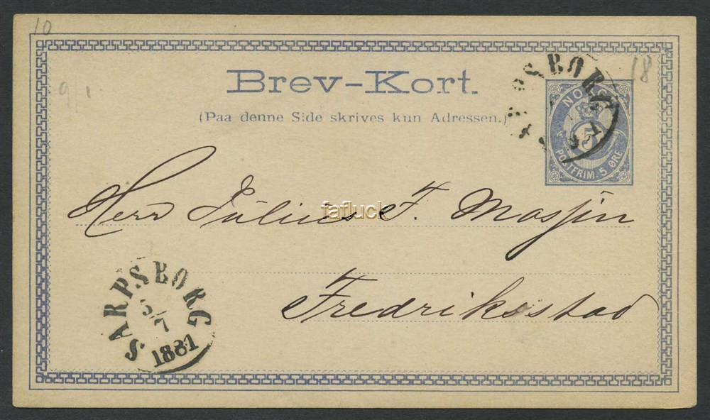 Norway stationaries: BK 012 Ib. Fine card used inland.  5 øre blue 1880-81,