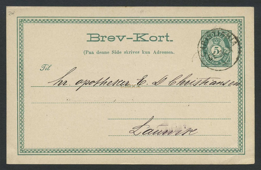 Norway stationaries: BK 024 I. Fine card used inland. 5 øre deep green unshaded