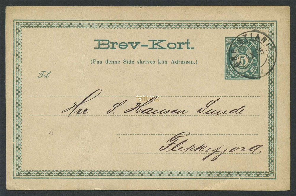 Norway stationaries: BK 024 IV. Fine card used inland. 5 øre grey-green unshade