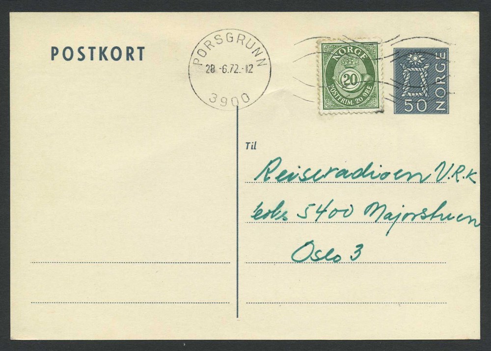 Norway stationaries: BK 142. Fine card used inland.  Uprated to 70 øre postage
